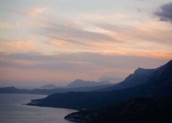 ocean mountains in front of sunset